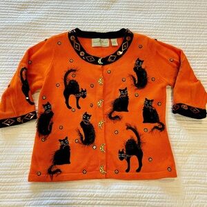 EUC Orange and Black Cat Halloween Boutique Cardigan
